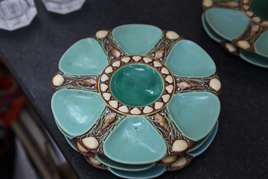 A set of five Minton majolica oyster plates, date stamp for 1867, diameter 23cm